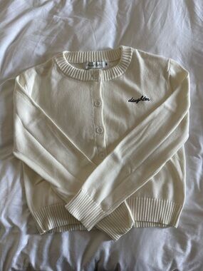 Daughter Embroidered Cream Crewneck Cardigan Sweater